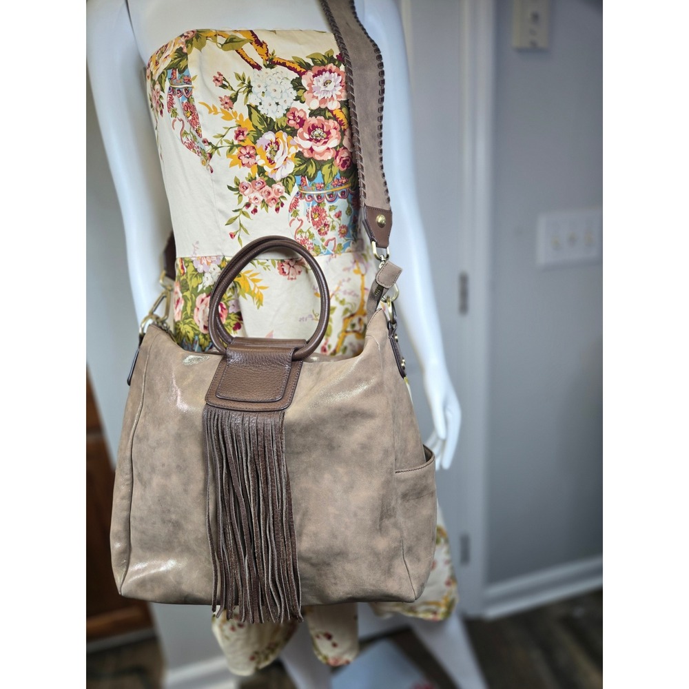 HOBO Taupe Metallic Leather Fringe Satchel Crossbody Velvet Hide Leather Western - Picture 2 of 16